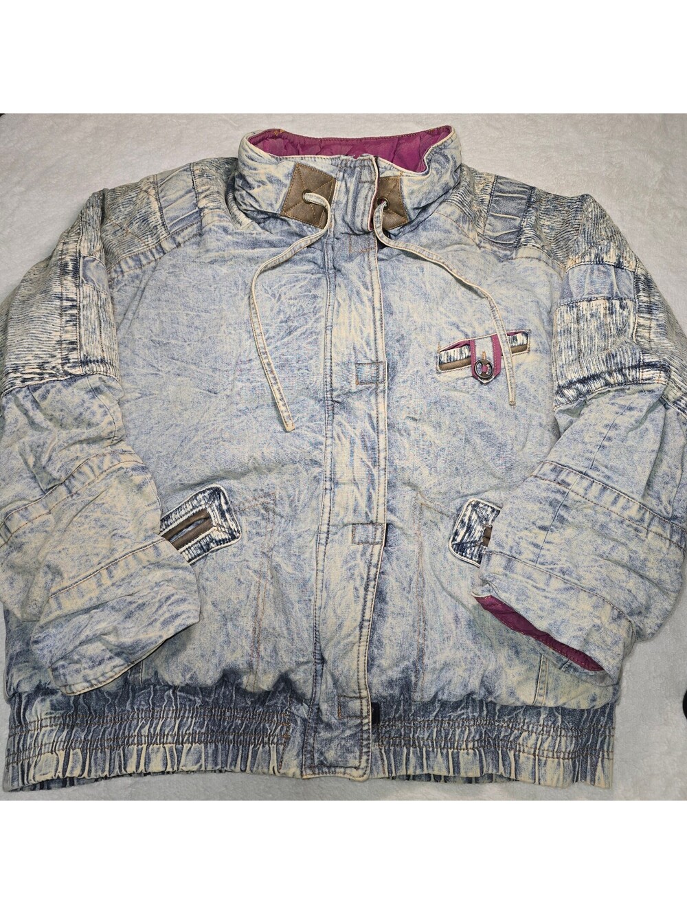 Vtg 80s BRAETAN Acid Wash Denim Puffer Jacket Womens L Fuchsia Quilted Lining